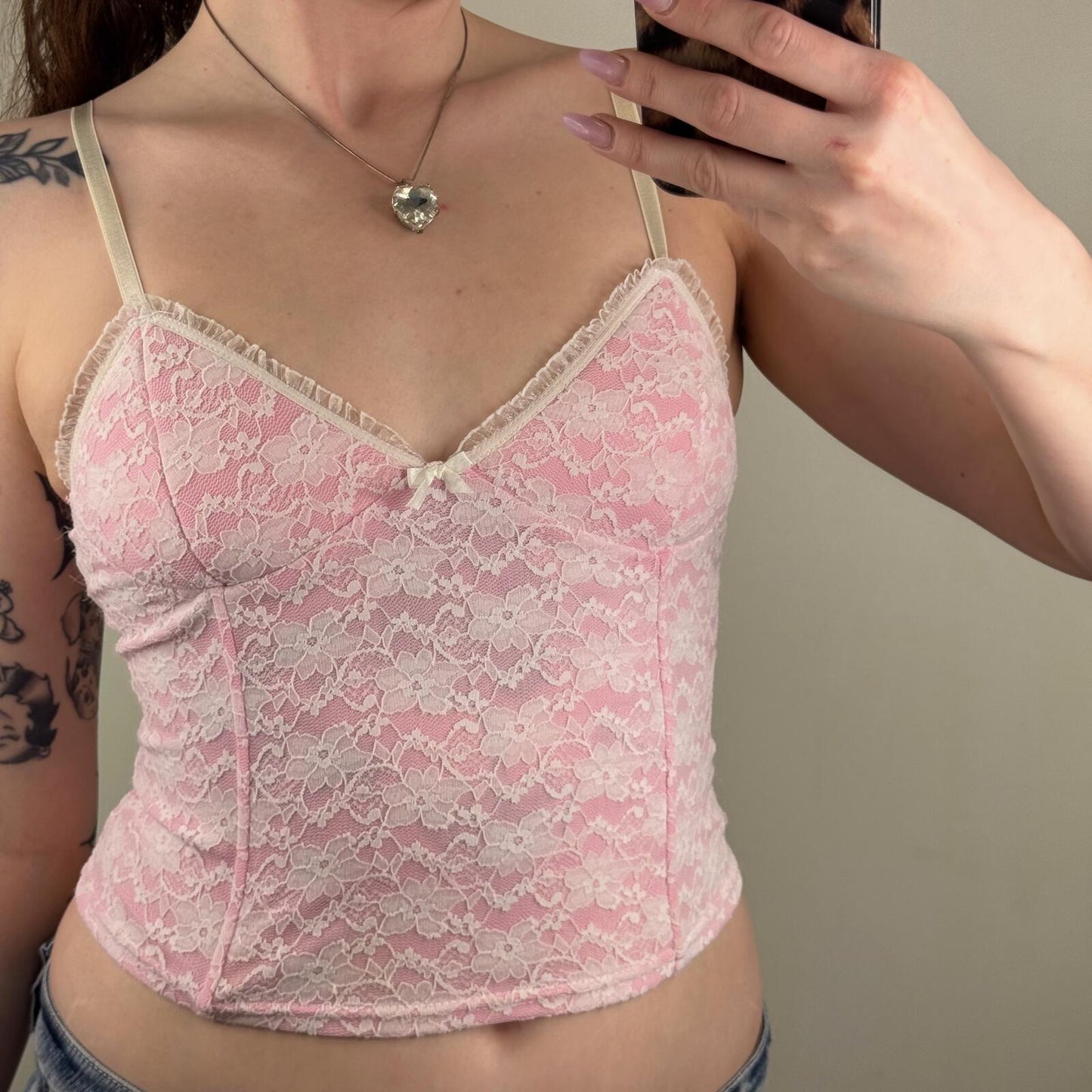 Y2K vintage lace top boned baby pink white crop strappy floral bow coquette
