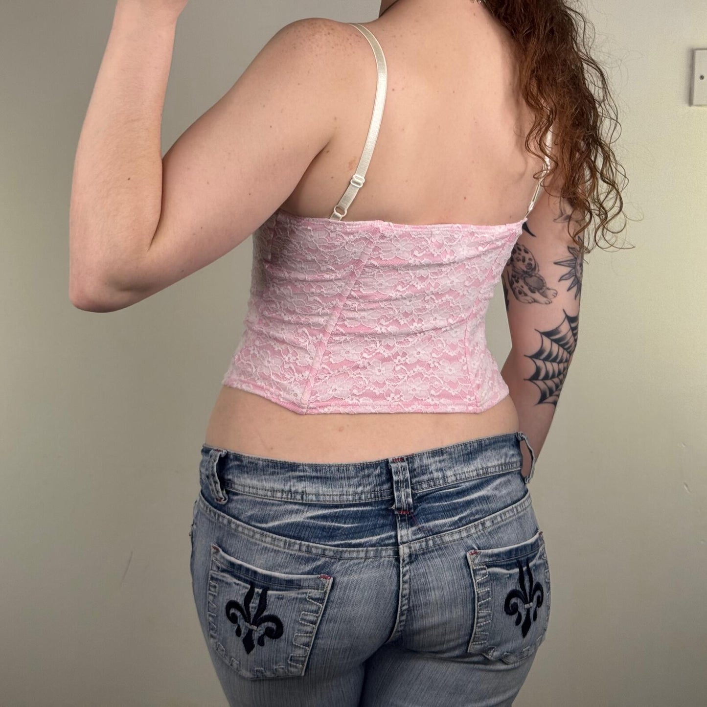 Y2K vintage lace top boned baby pink white crop strappy floral bow coquette