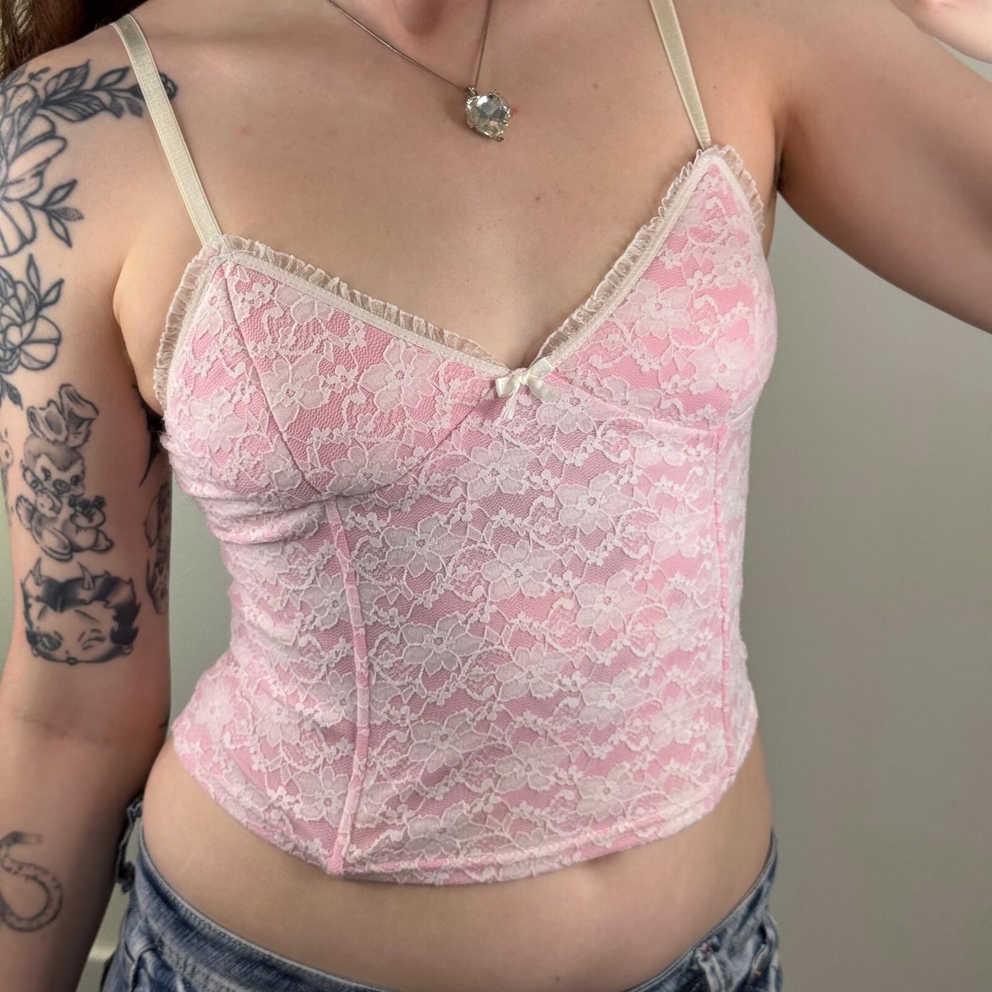 Y2K vintage lace top boned baby pink white crop strappy floral bow coquette