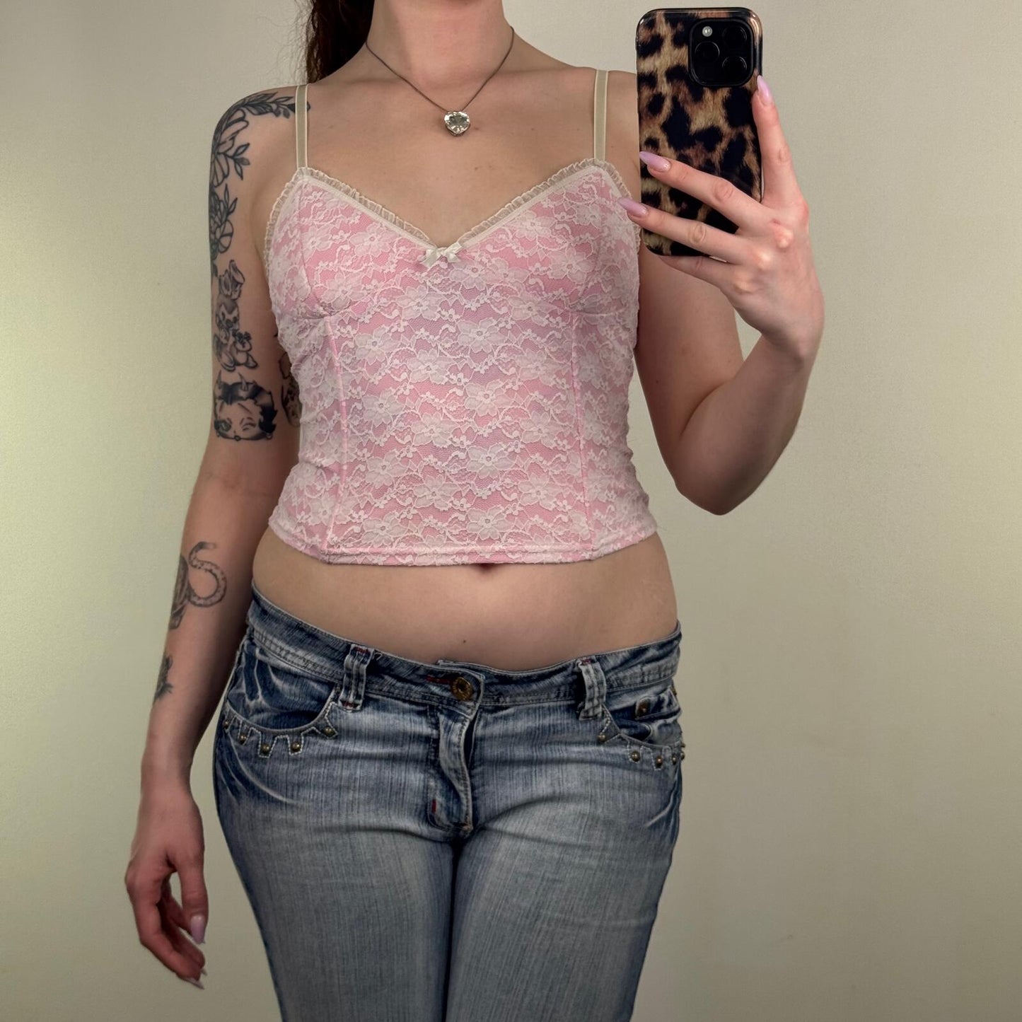 Y2K vintage lace top boned baby pink white crop strappy floral bow coquette
