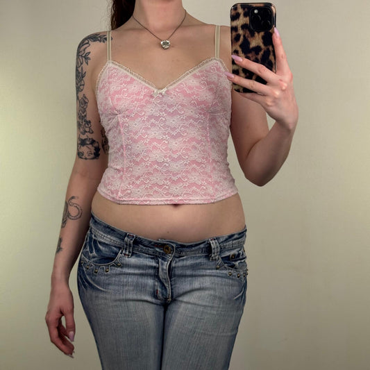 Y2K vintage lace top boned baby pink white crop strappy floral bow coquette