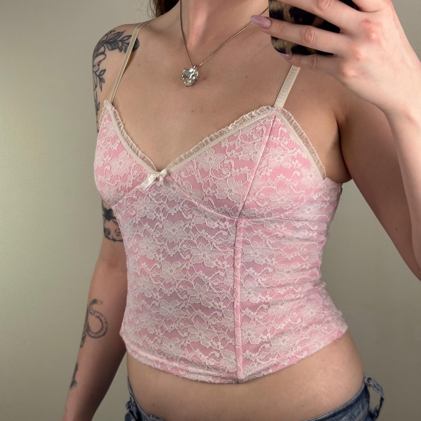 Y2K vintage lace top boned baby pink white crop strappy floral bow coquette
