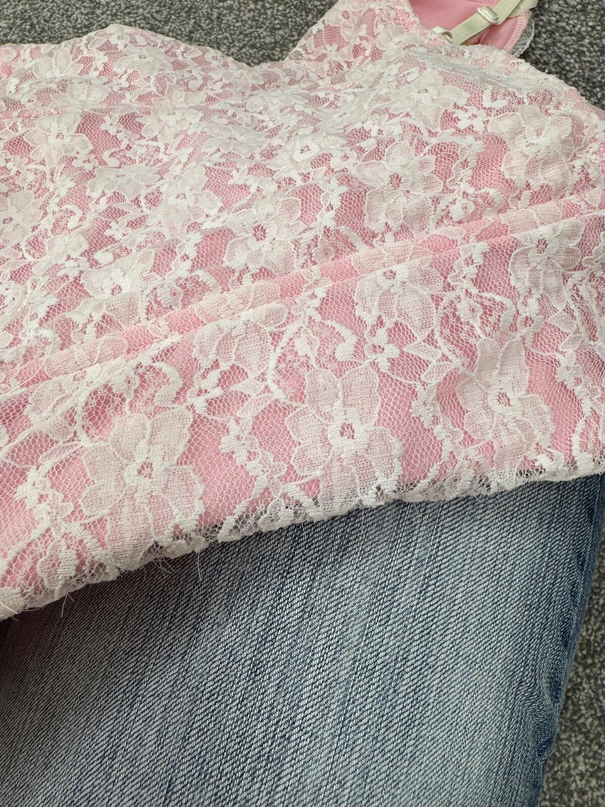 Y2K vintage lace top boned baby pink white crop strappy floral bow coquette
