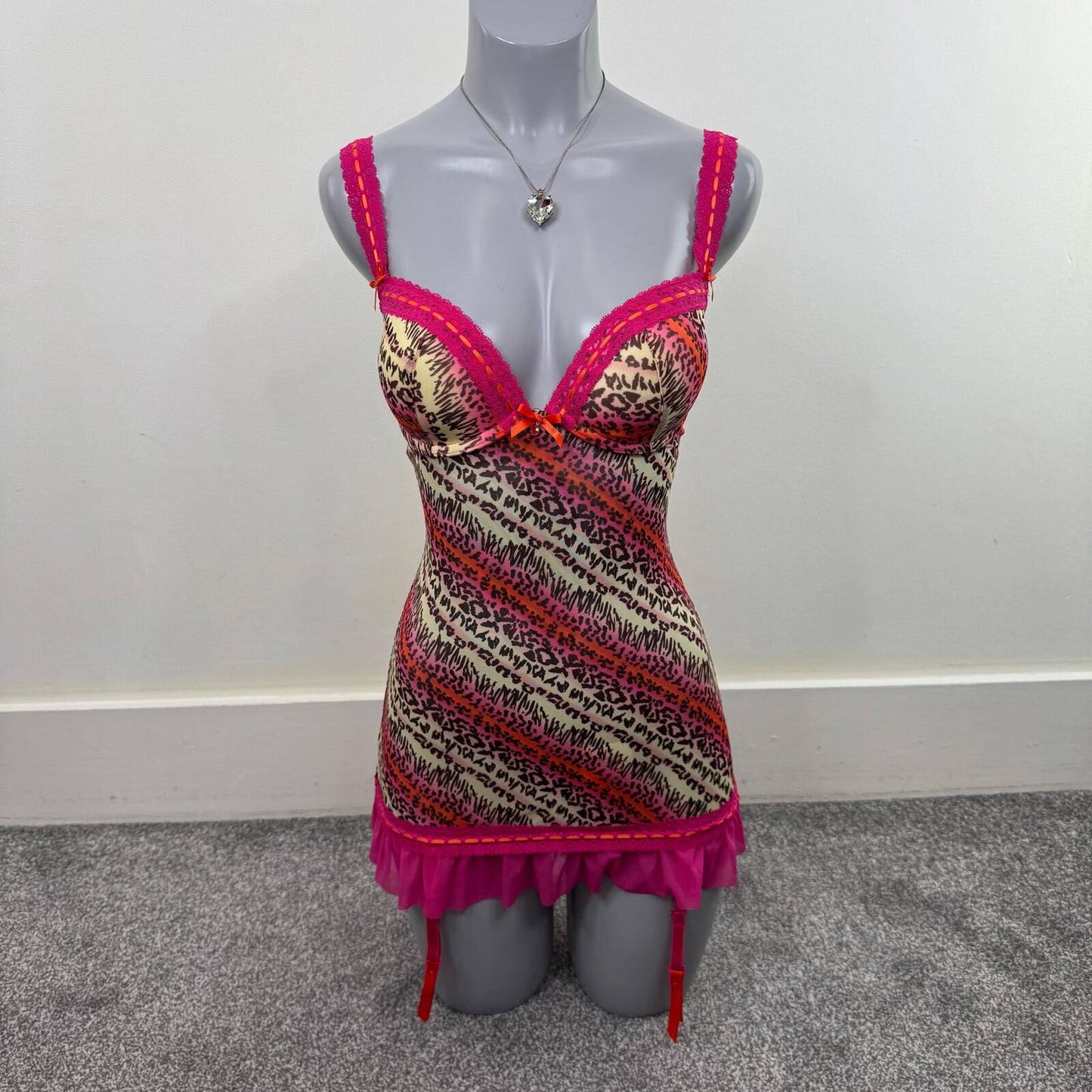 Y2K vintage babydoll dress push up leopard print mesh frilly lace trim bow