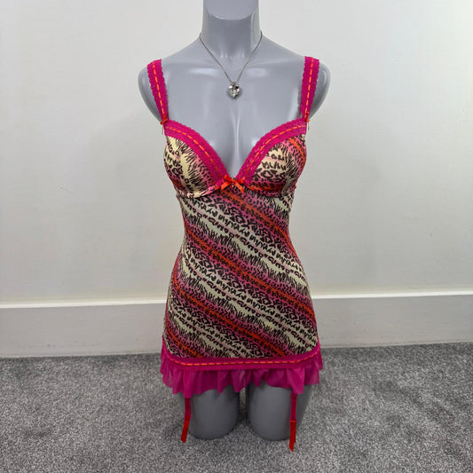 Y2K vintage babydoll dress push up leopard print mesh frilly lace trim bow