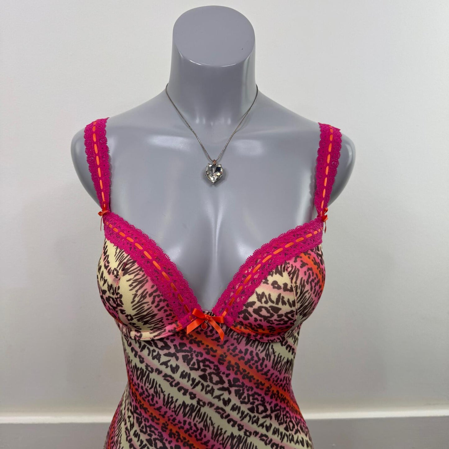 Y2K vintage babydoll dress push up leopard print mesh frilly lace trim bow