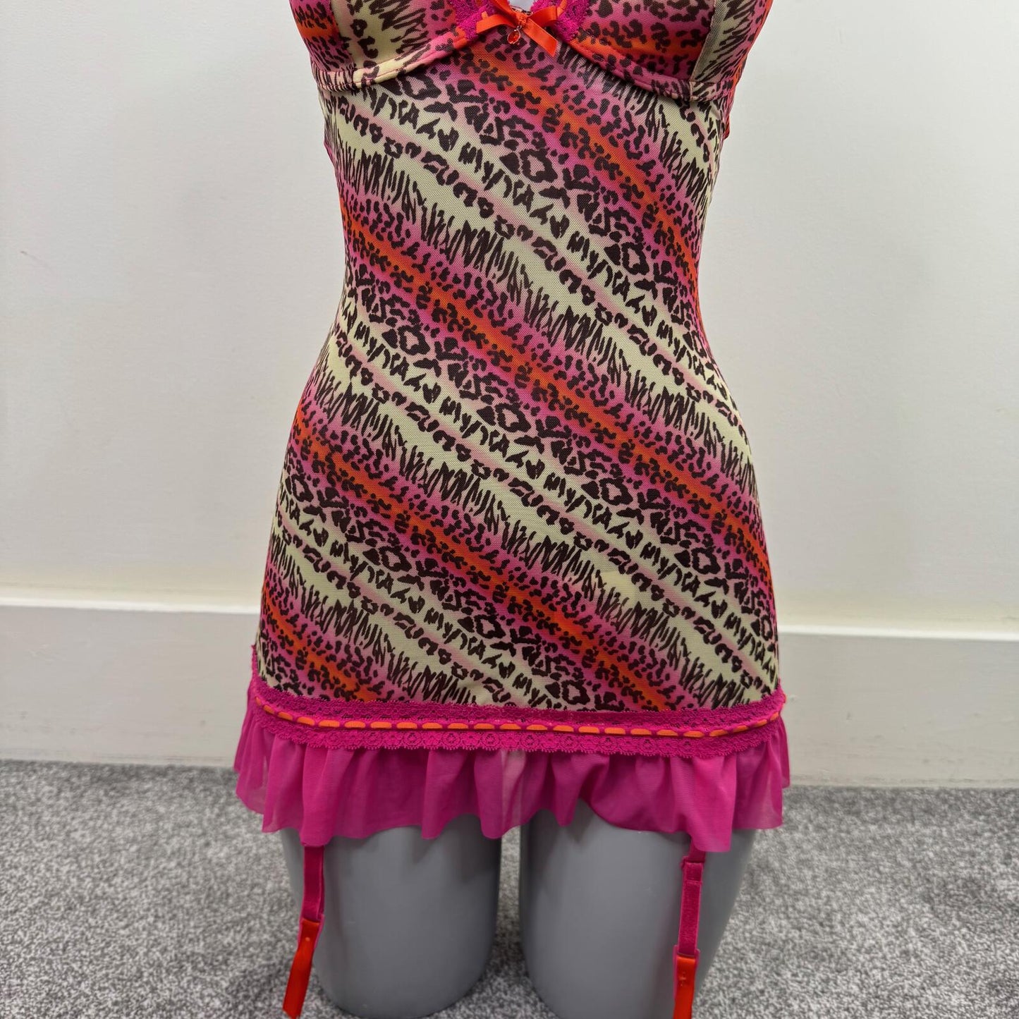 Y2K vintage babydoll dress push up leopard print mesh frilly lace trim bow