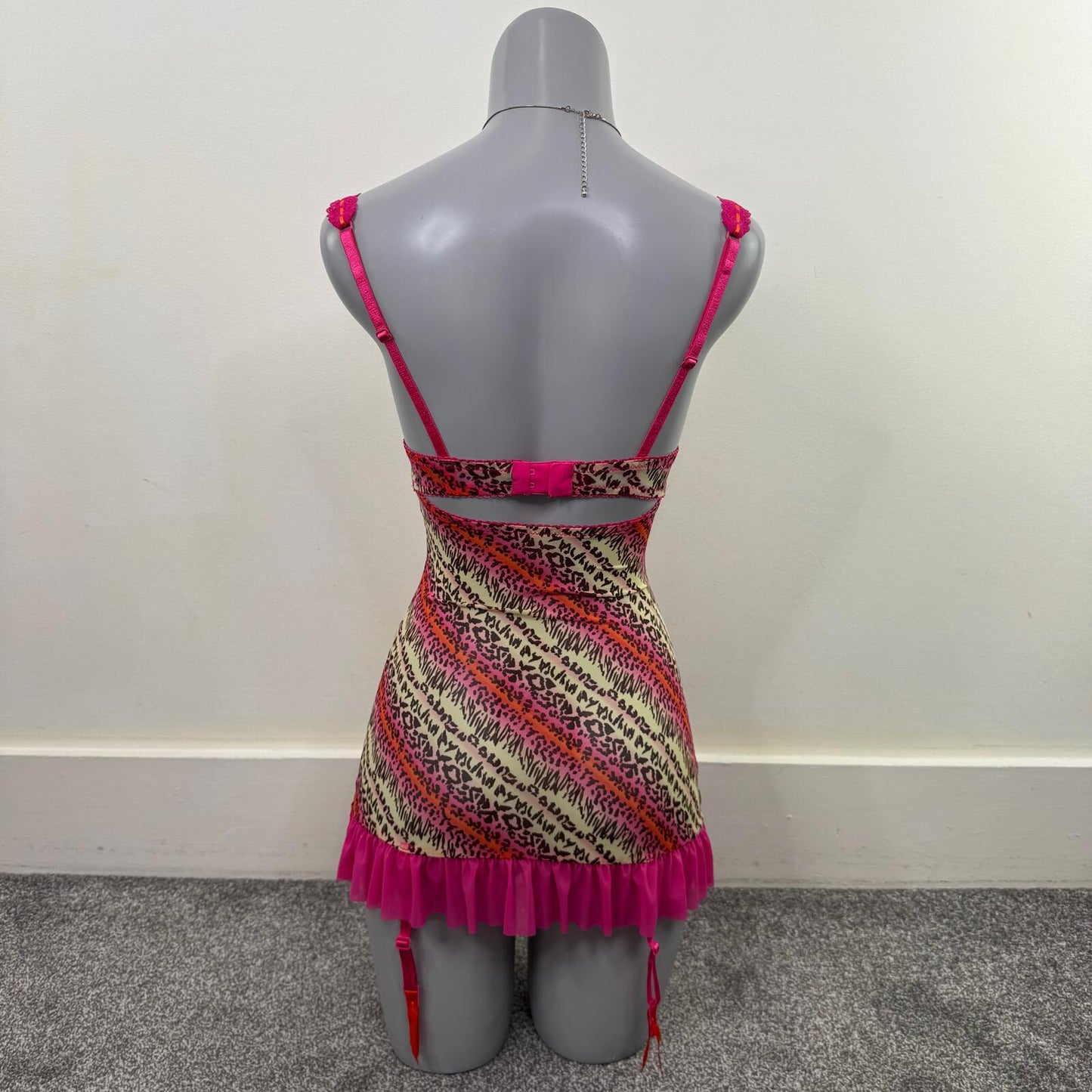 Y2K vintage babydoll dress push up leopard print mesh frilly lace trim bow