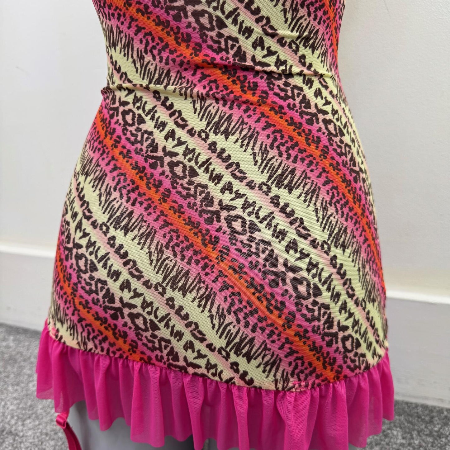 Y2K vintage babydoll dress push up leopard print mesh frilly lace trim bow