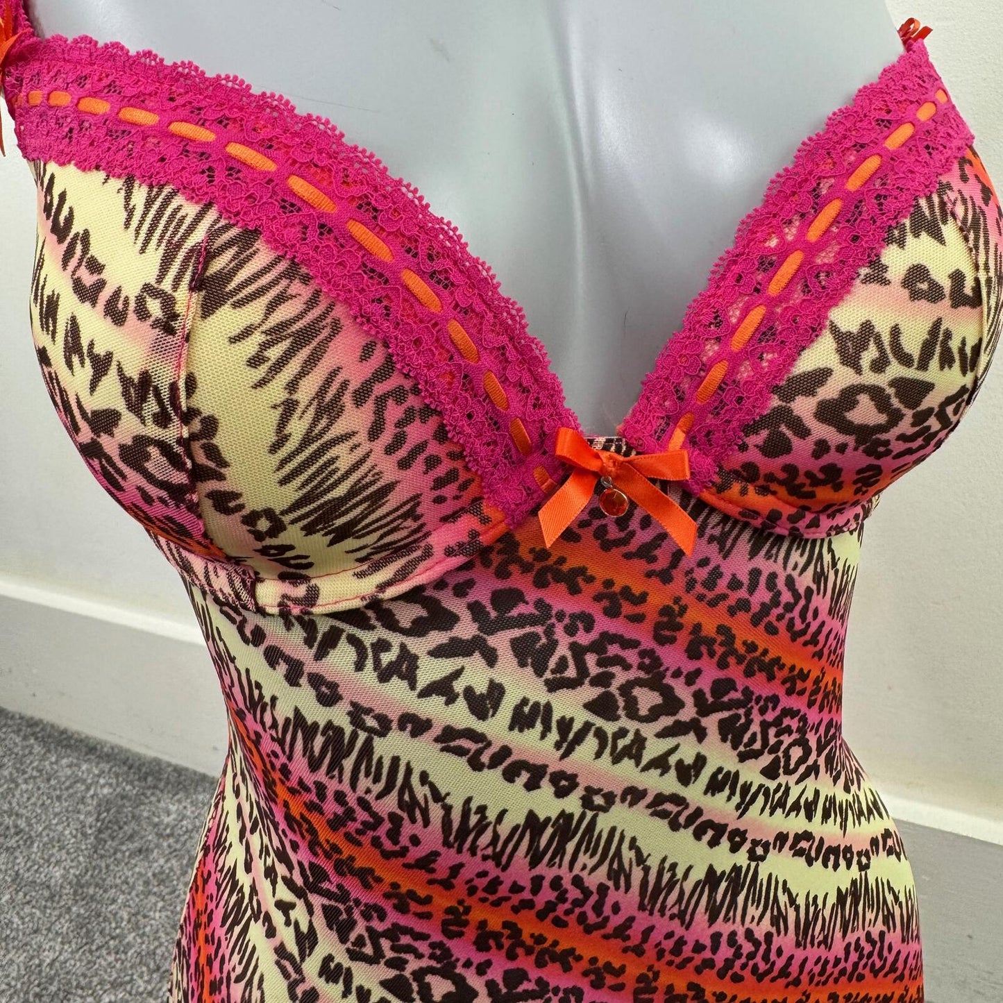Y2K vintage babydoll dress push up leopard print mesh frilly lace trim bow