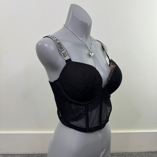 Victoria's Secret bra rhinestone push up very sexy corset lace mesh 36C