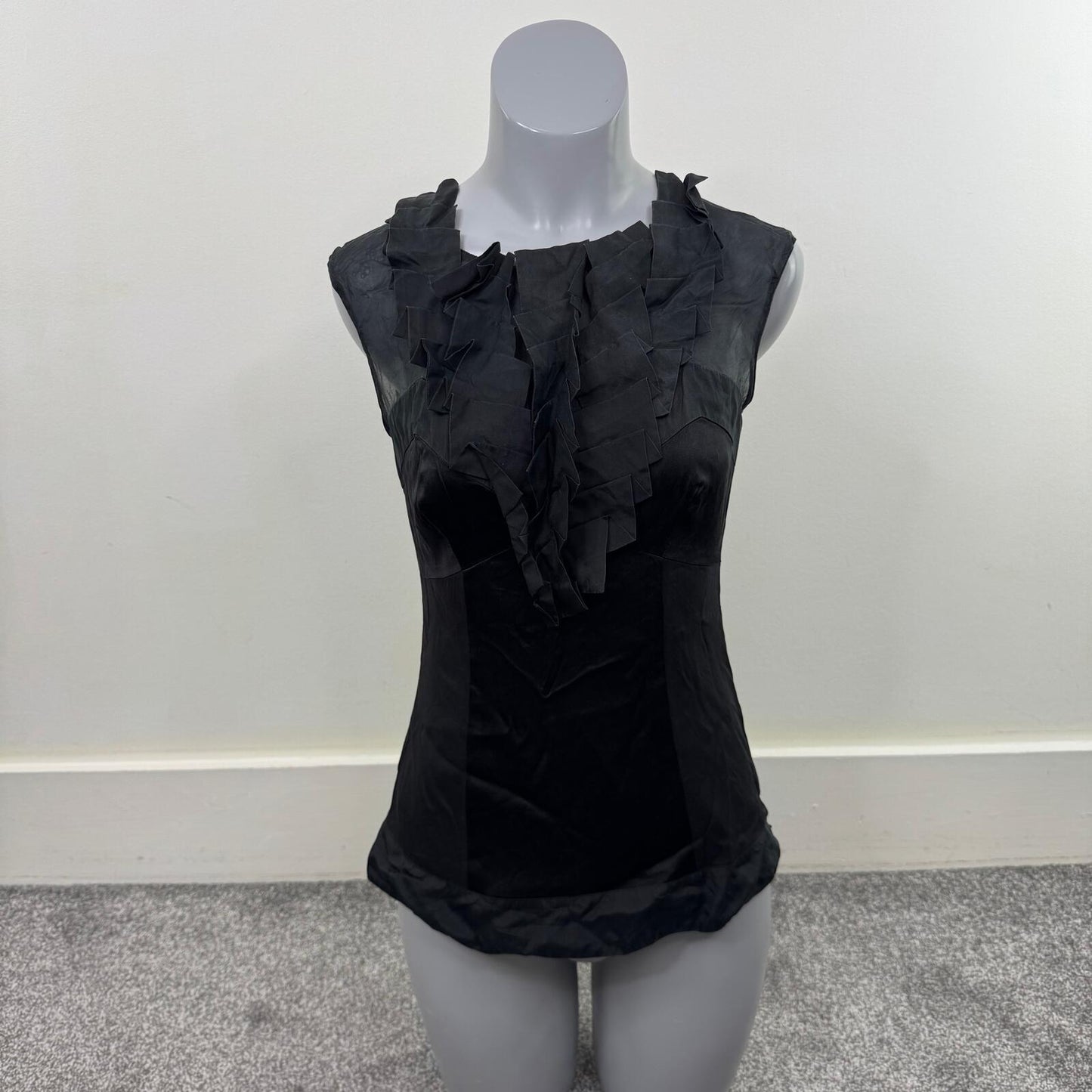 Y2K vintage Karen Millen silk blouse sleeveless ruffle high neck keyhole