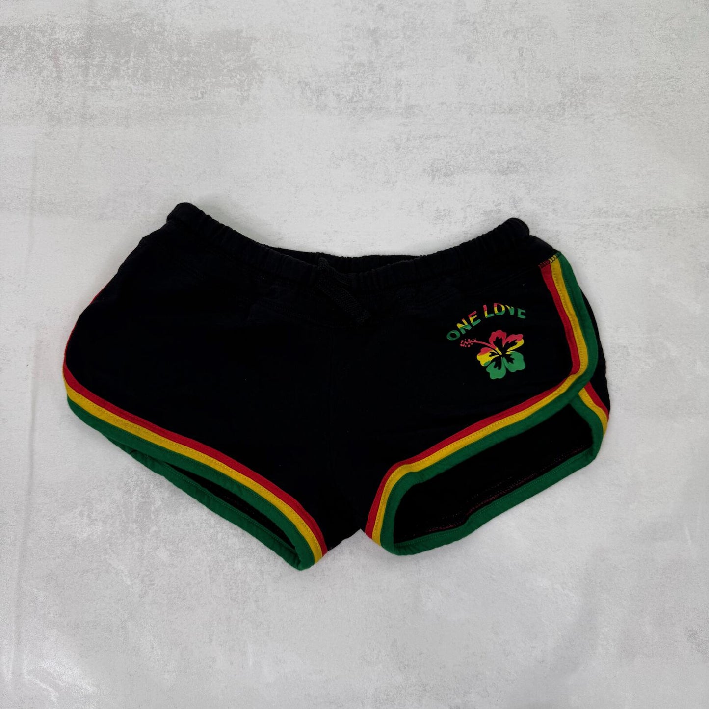 Vintage Jamaica shorts low rise jersey stretchy mini hibiscus black multi