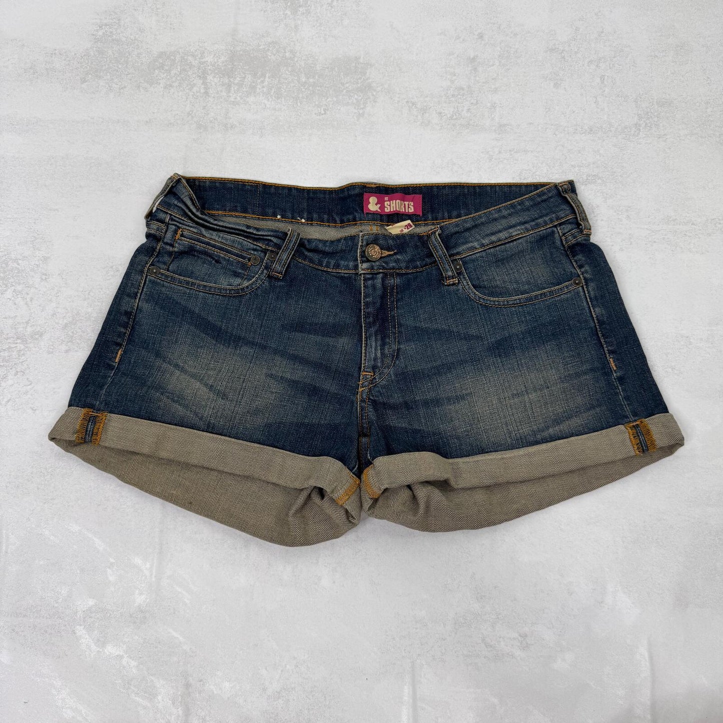 Y2K vintage low rise denim mini shorts faded dirty blue wash stretchy cargo