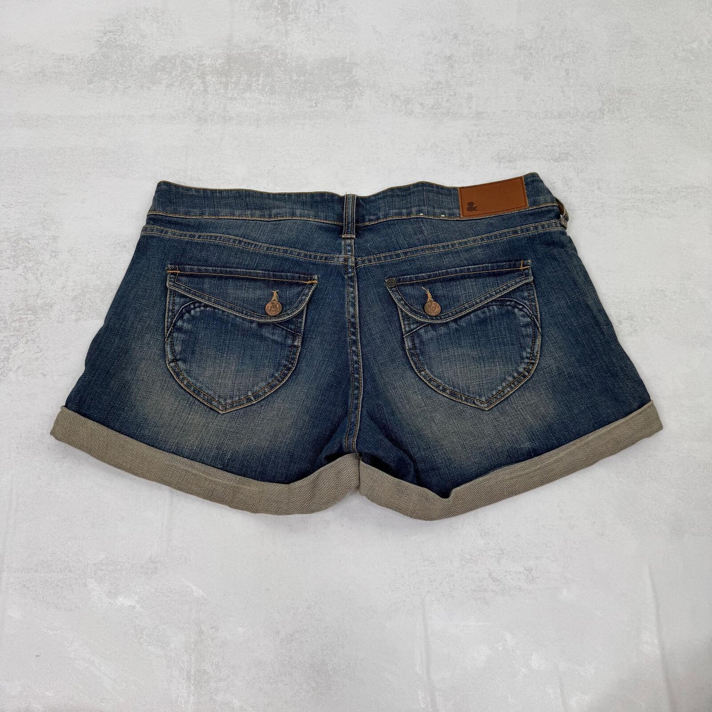 Y2K vintage low rise denim mini shorts faded dirty blue wash stretchy cargo