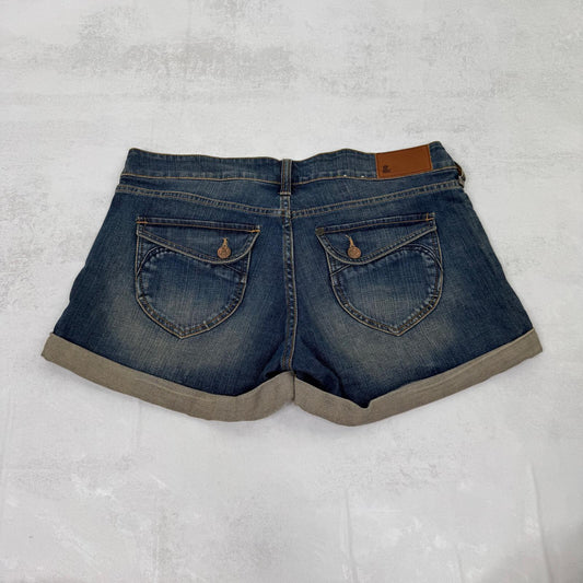 Y2K vintage low rise denim mini shorts faded dirty blue wash stretchy cargo
