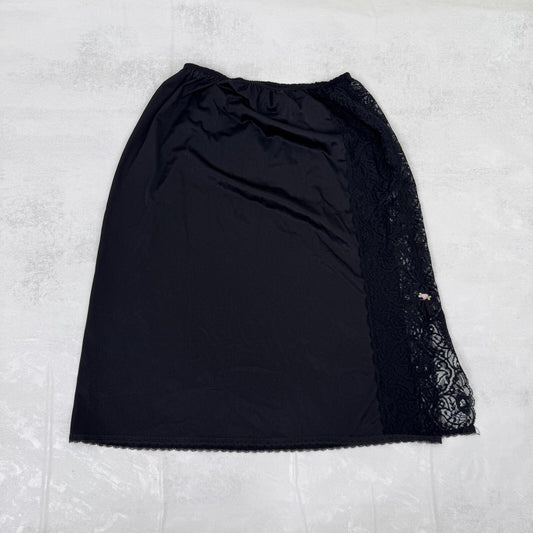Vintage midi slip skirt lace trim bow stretchy black