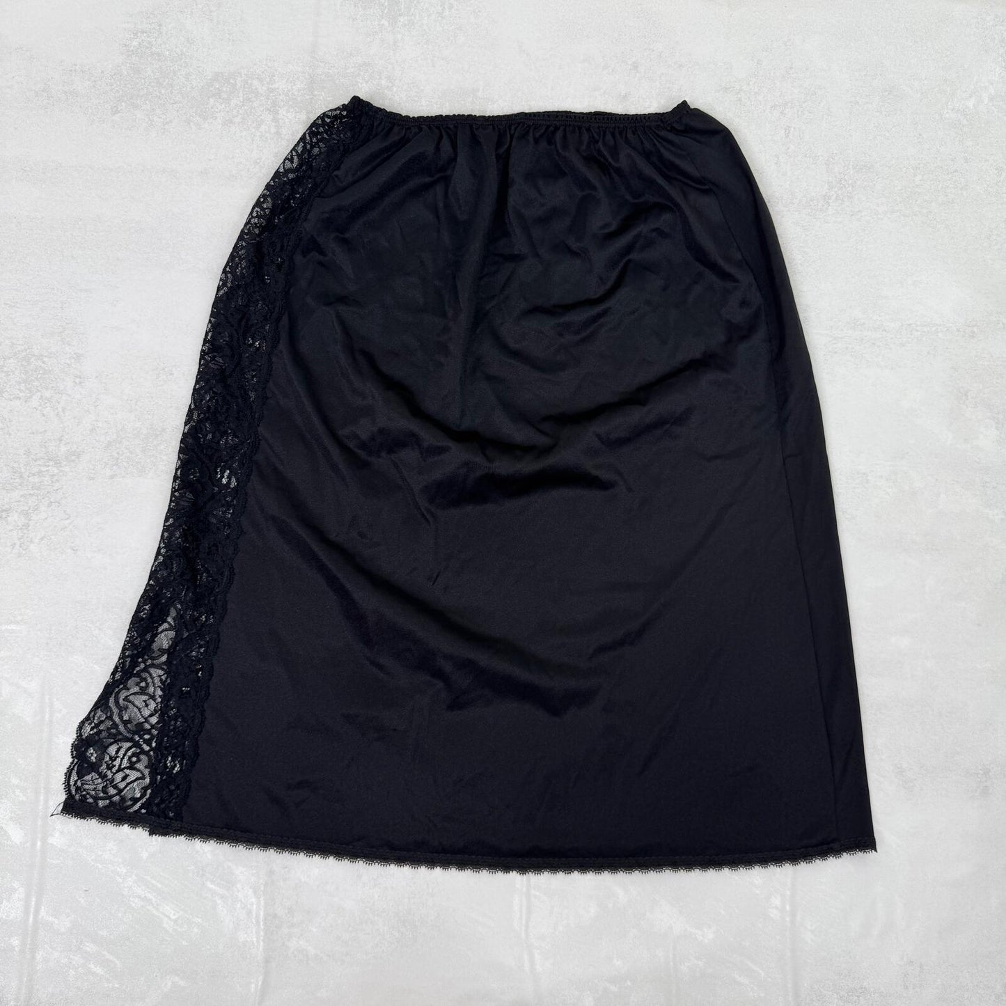 Vintage midi slip skirt lace trim bow stretchy black
