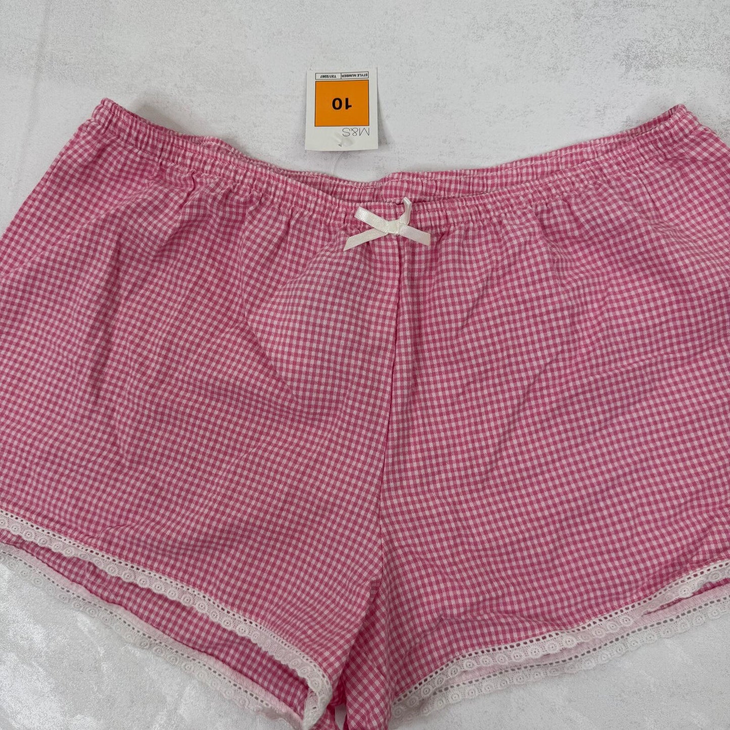 Y2K vintage gingham mini shorts pink white bow 100% cotton broderie anglaise