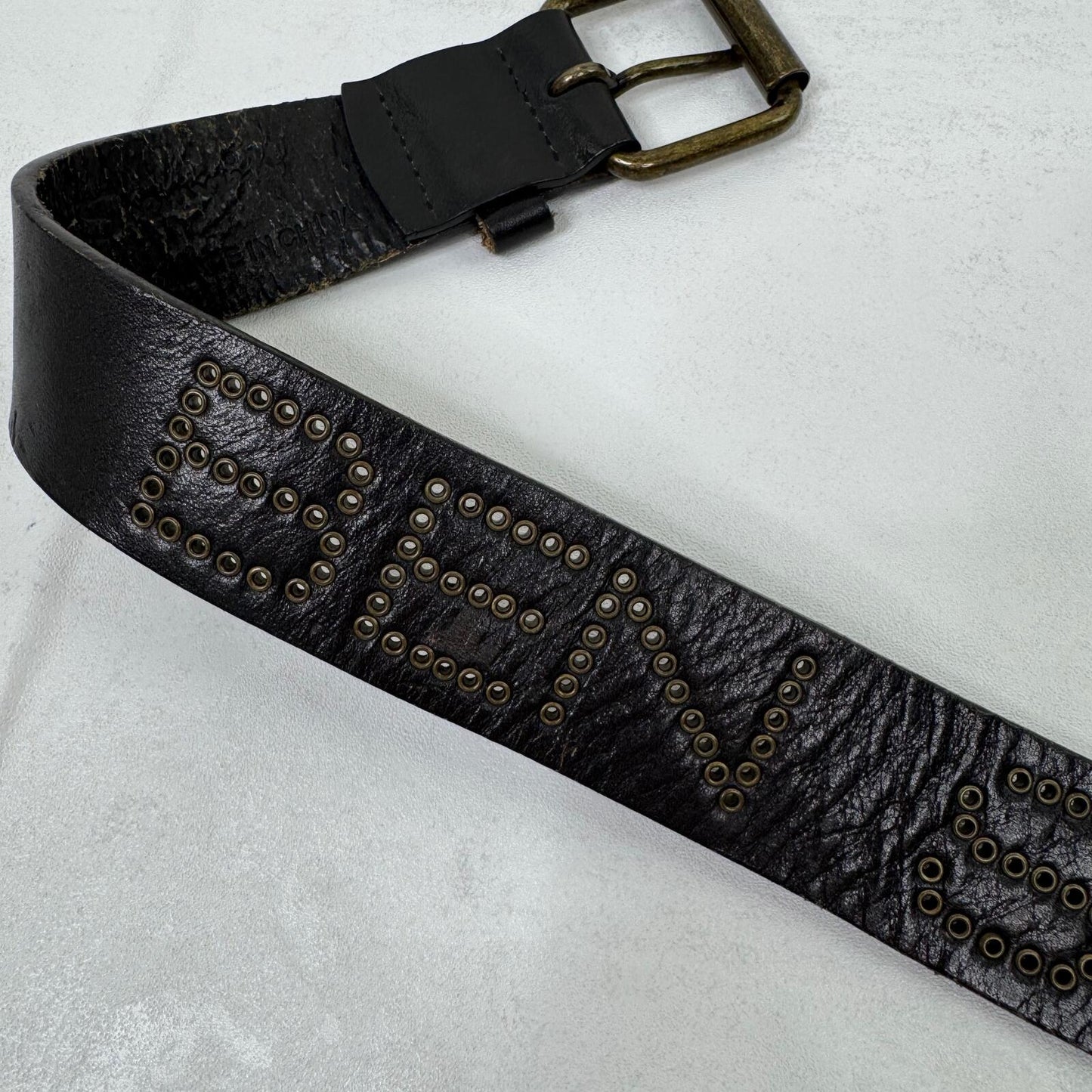 Y2K vintage genuine leather belt grommet spell out text