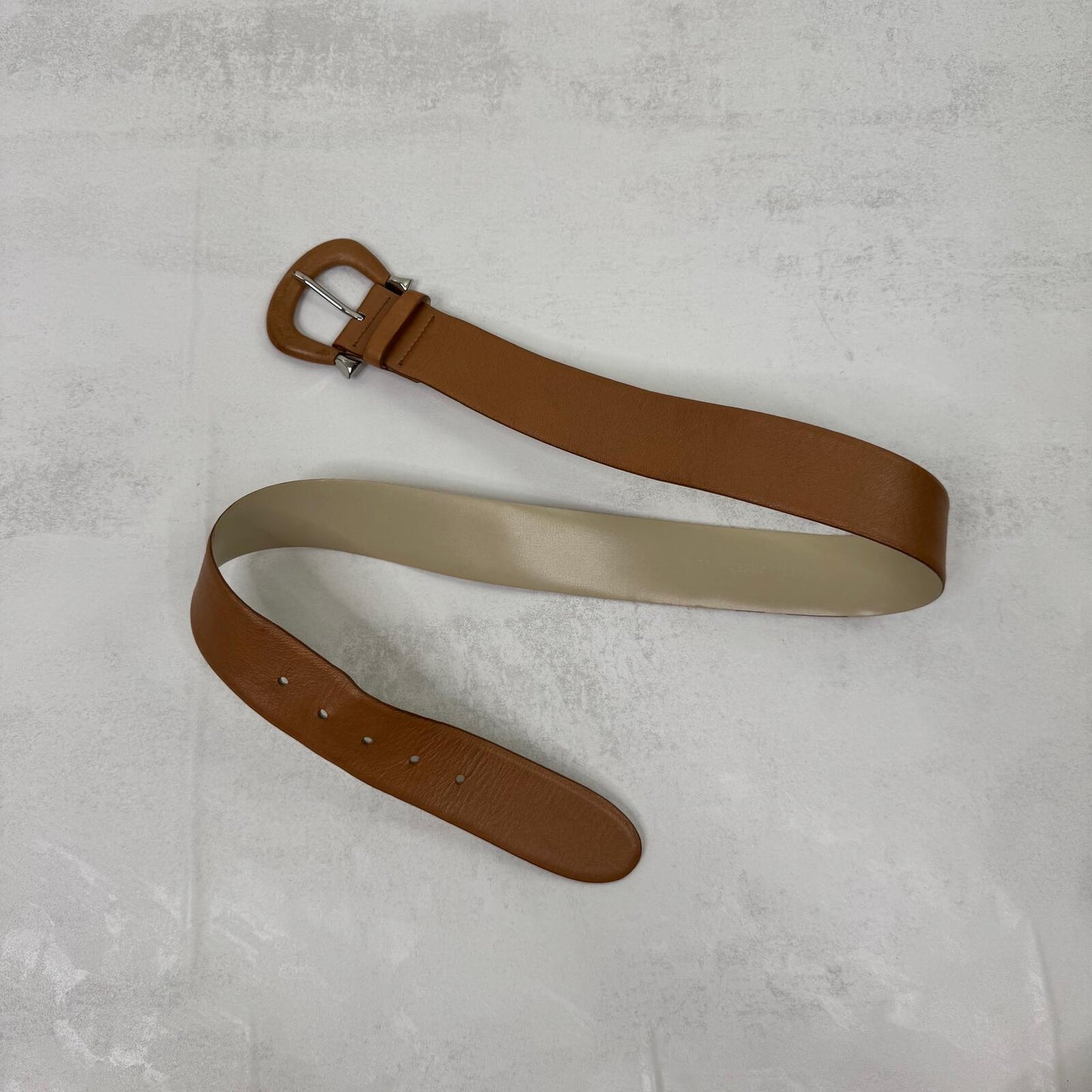 Y2K vintage genuine leather belt silver buckle light brown