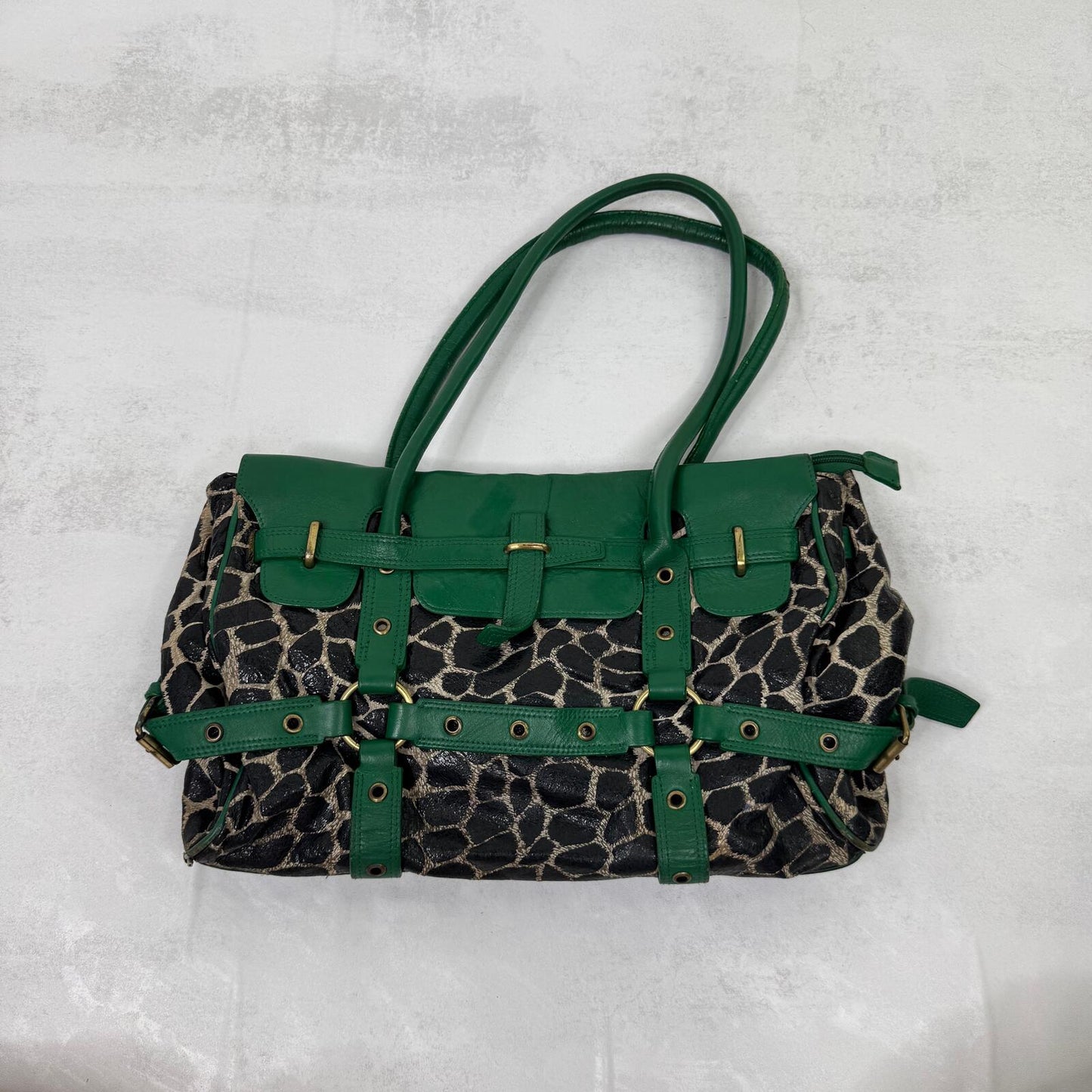 Y2K vintage shoulder bag genuine leather grommet giraffe print green large size