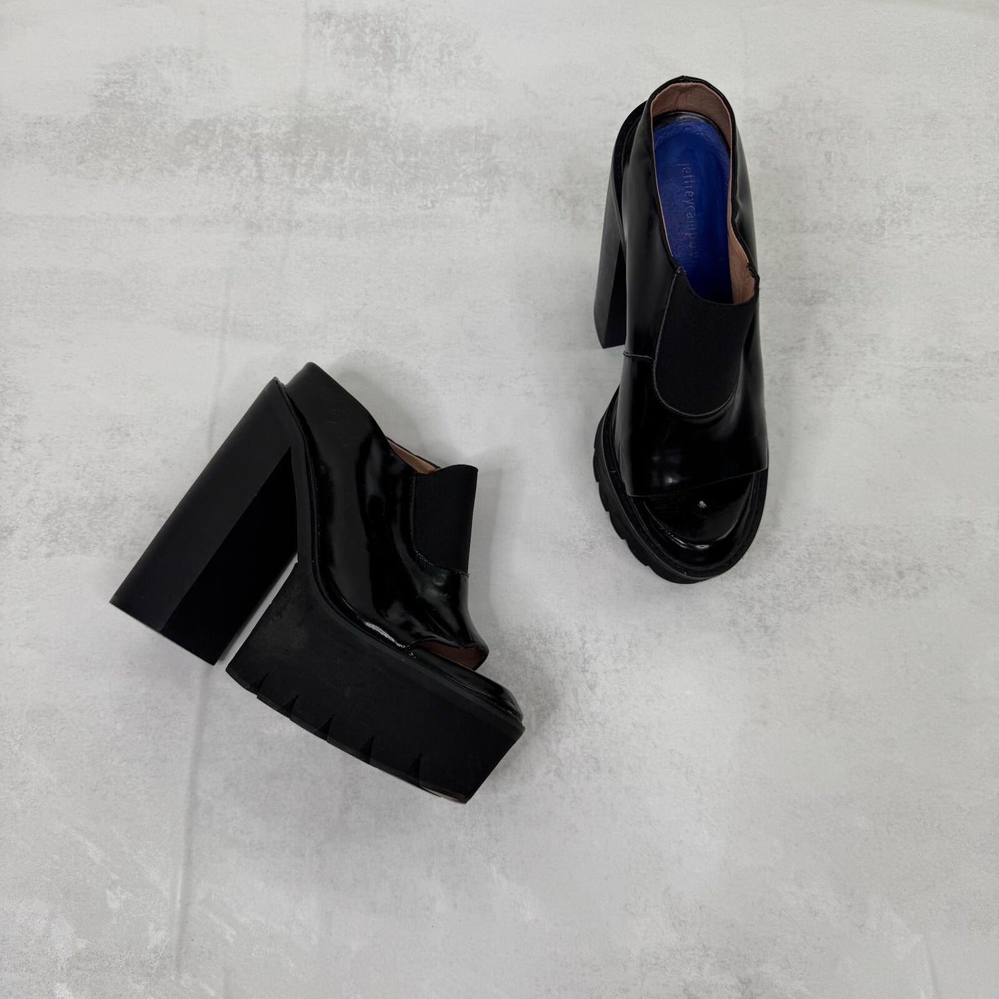 Vintage Jeffrey Campbell Mori block platform mules heel patent leather peep toe