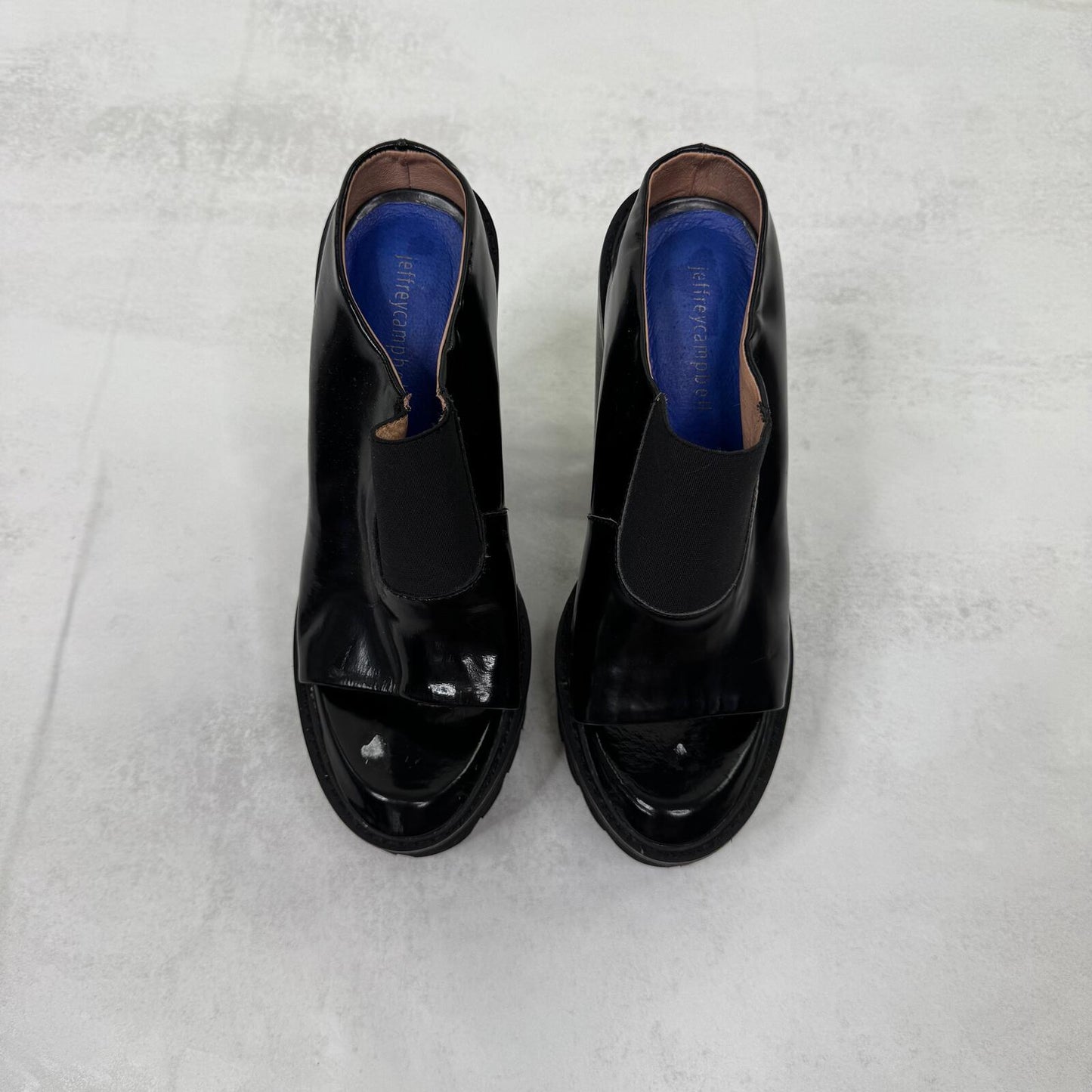Vintage Jeffrey Campbell Mori block platform mules heel patent leather peep toe