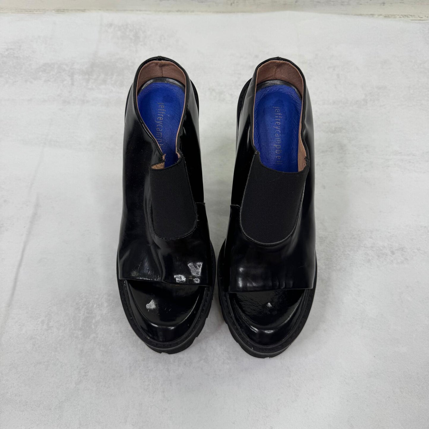 Vintage Jeffrey Campbell Mori block platform mules heel patent leather peep toe
