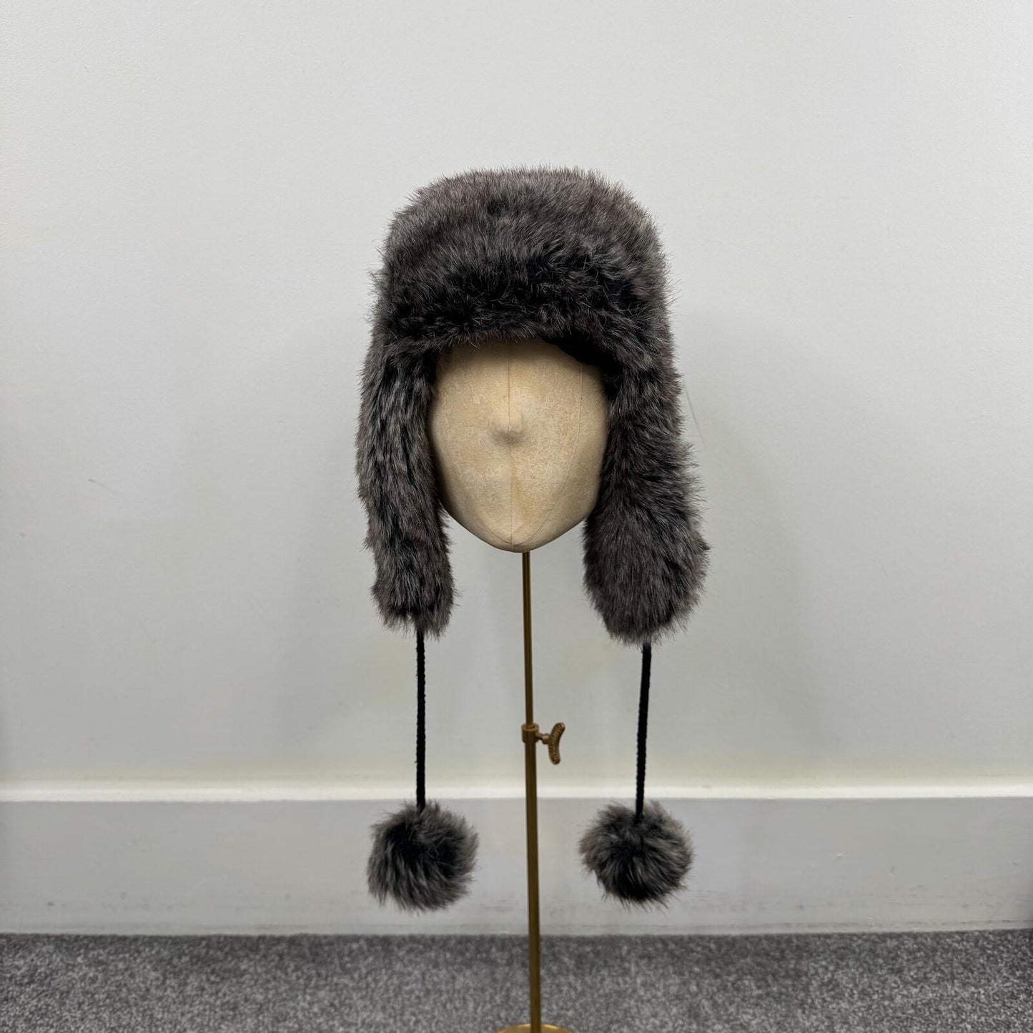 Y2K vintage faux fur trapper hat with pom poms grey/ brown tone unisex