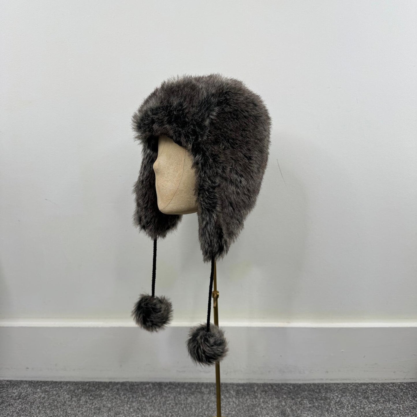 Y2K vintage faux fur trapper hat with pom poms grey/ brown tone unisex