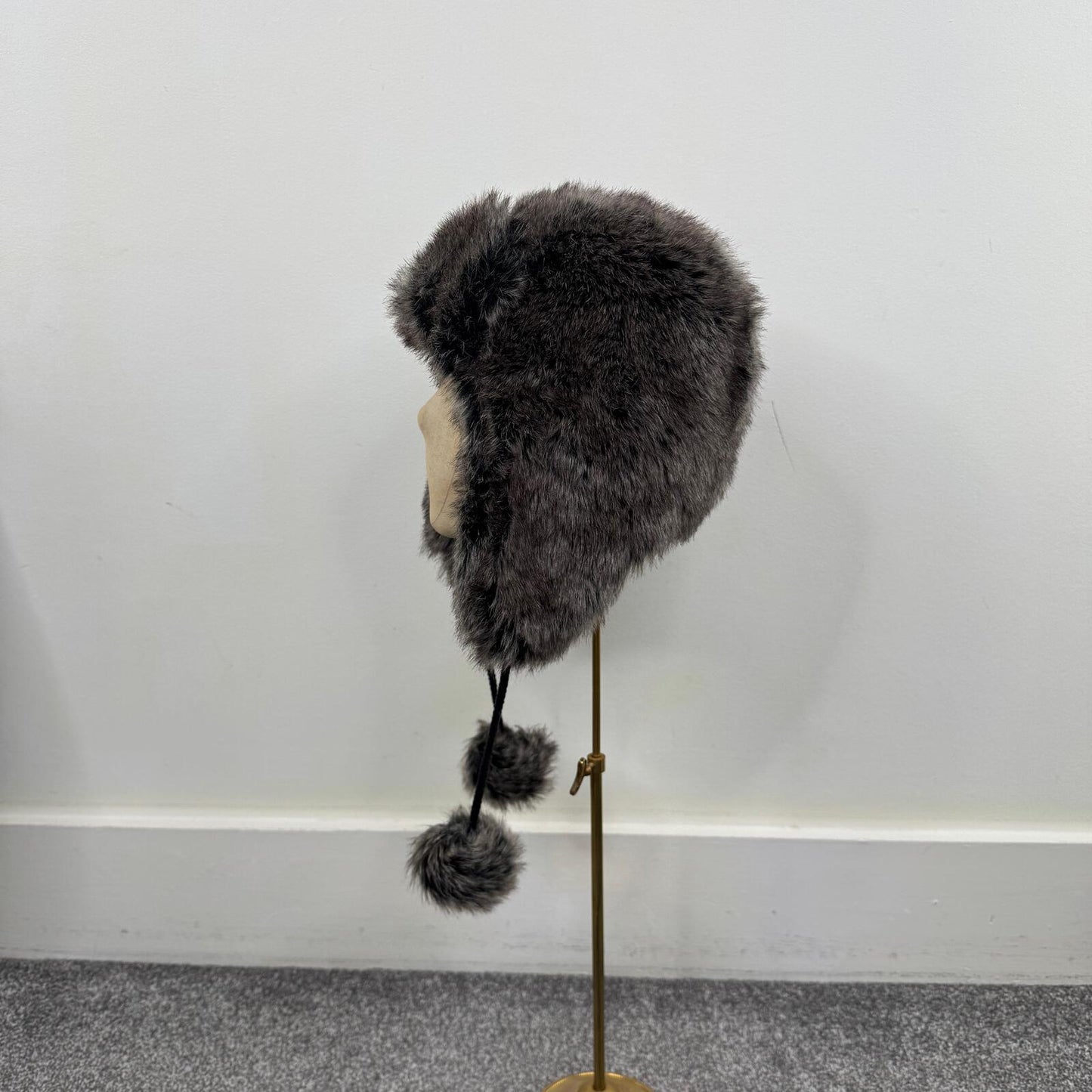Y2K vintage faux fur trapper hat with pom poms grey/ brown tone unisex