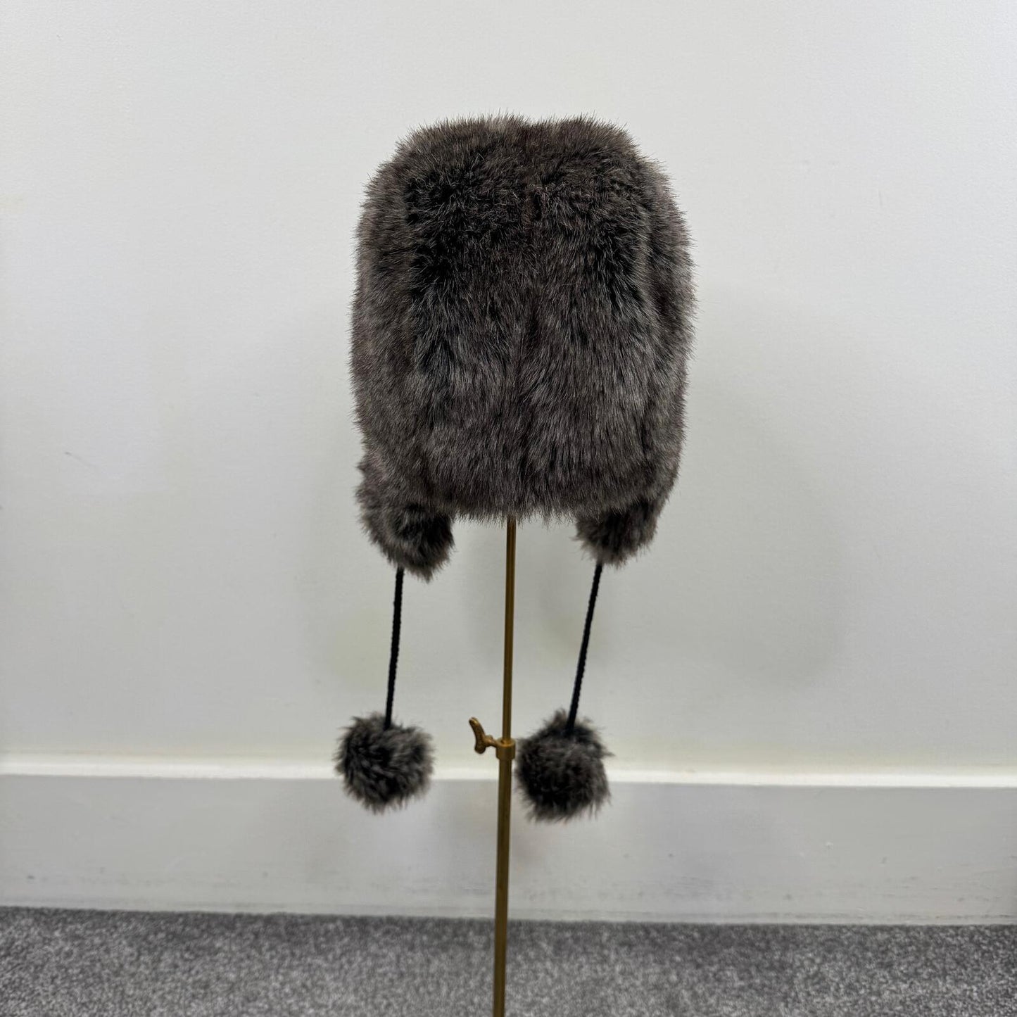Y2K vintage faux fur trapper hat with pom poms grey/ brown tone unisex