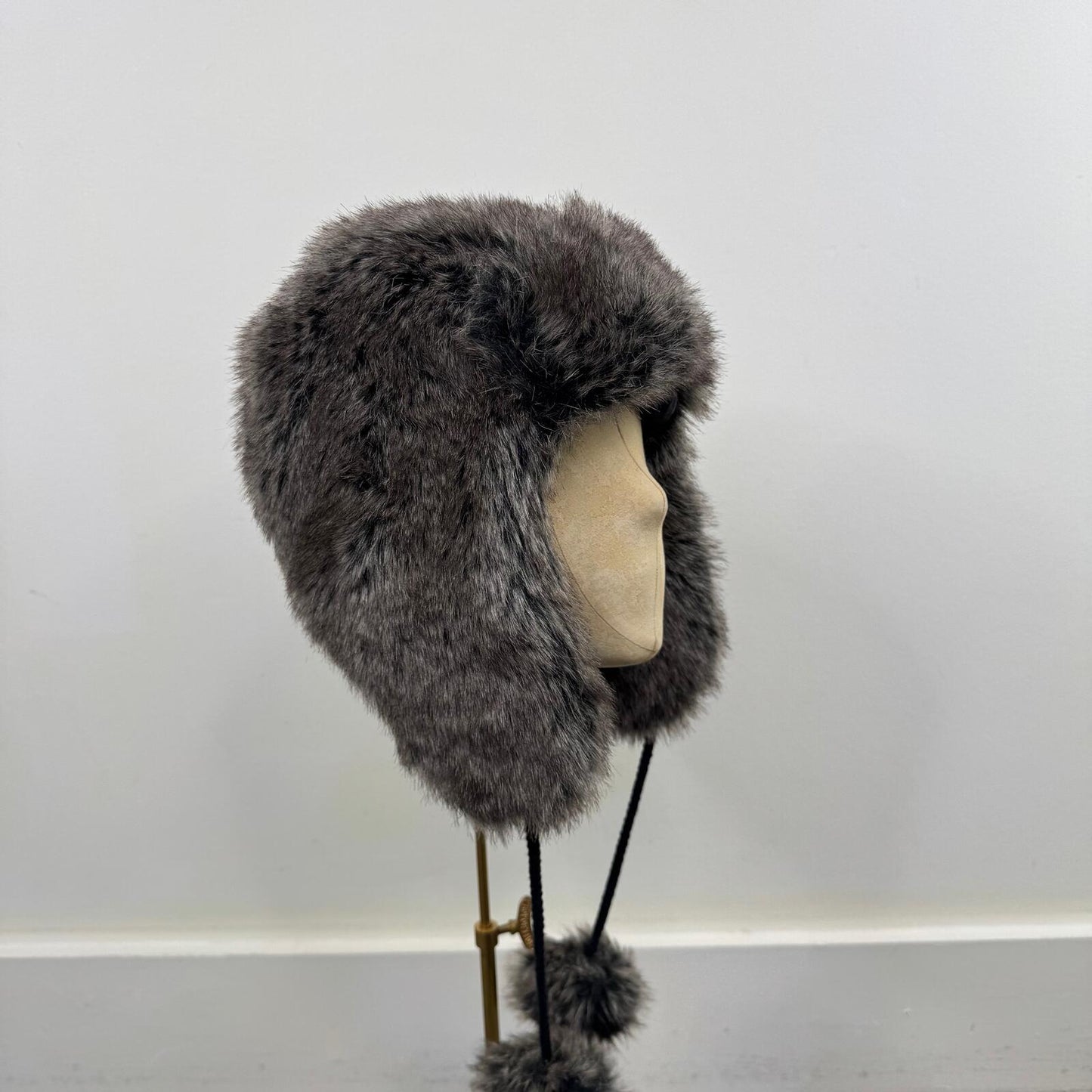 Y2K vintage faux fur trapper hat with pom poms grey/ brown tone unisex