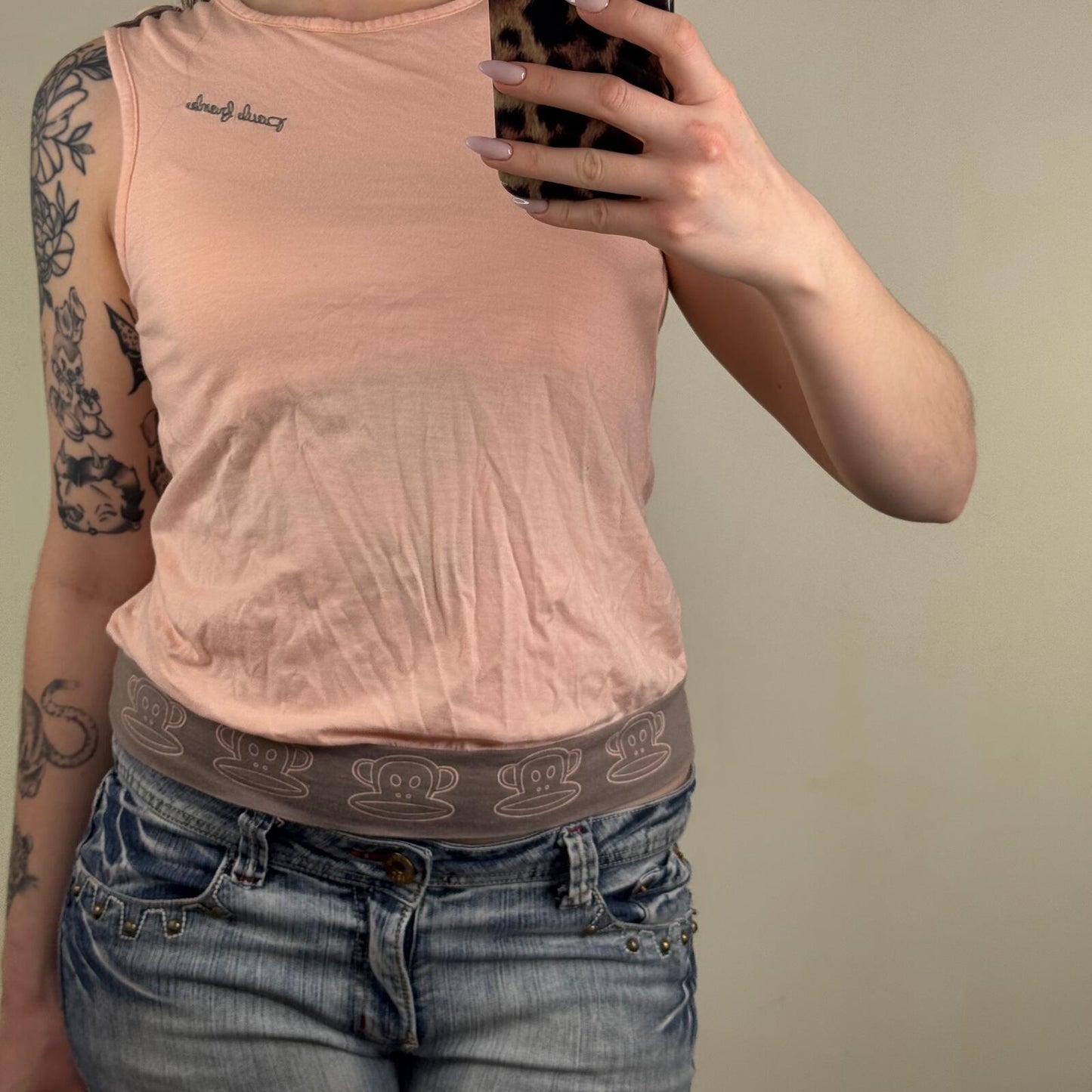 Y2K vintage Paul Frank tank sleeveless top baby pink buttons brown