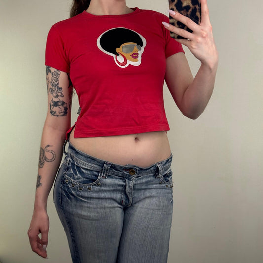 Y2K vintage t-shirt short sleeve baby tee top afro graphic faux leather red