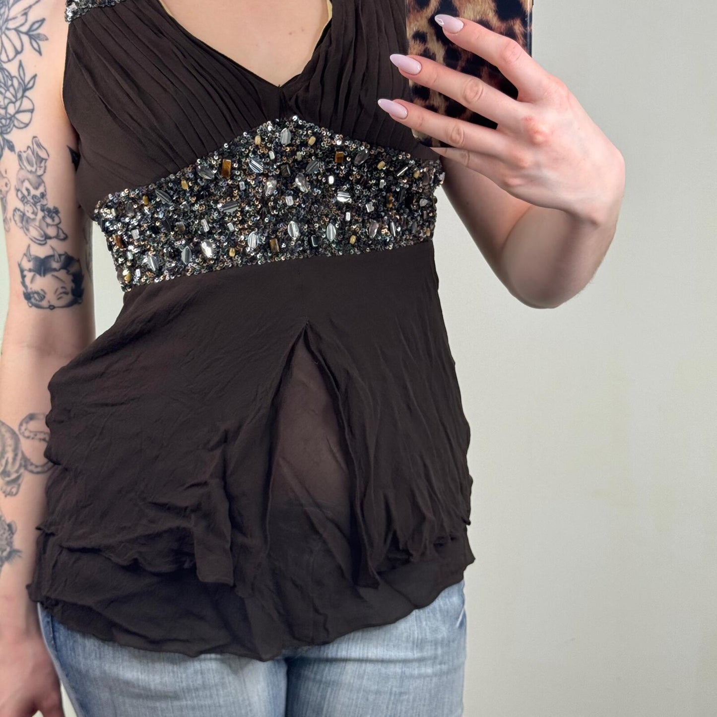 Y2K vintage 100% silk top embellished tank ruched v neck sequin pleated party