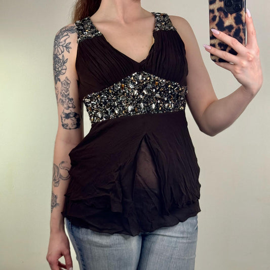 Y2K vintage 100% silk top embellished tank ruched v neck sequin pleated party