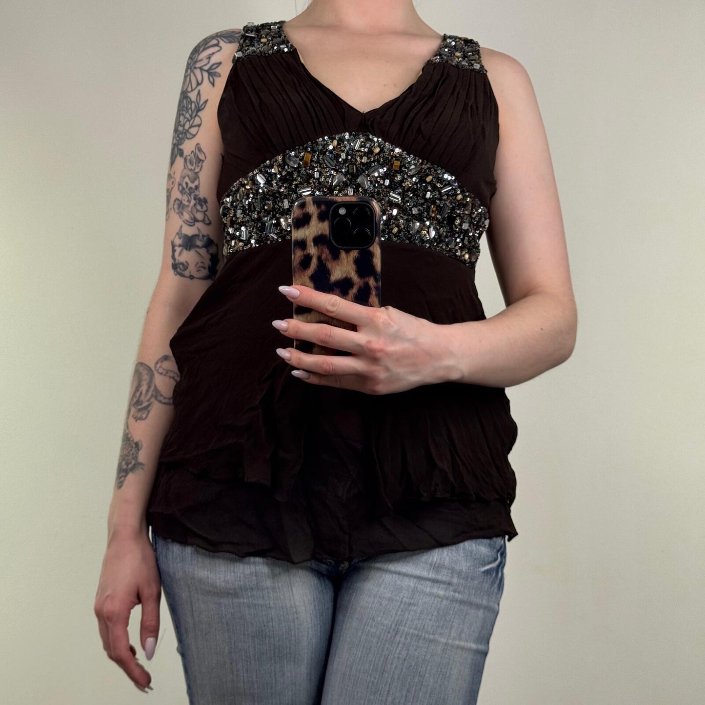 Y2K vintage 100% silk top embellished tank ruched v neck sequin pleated party