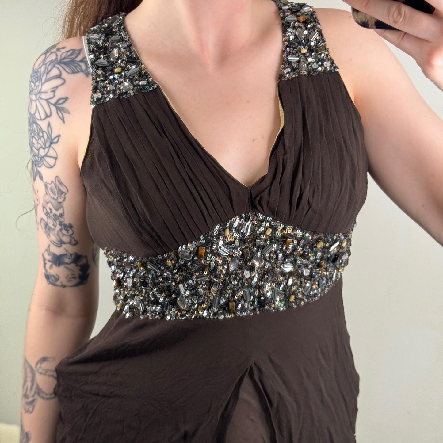 Y2K vintage 100% silk top embellished tank ruched v neck sequin pleated party
