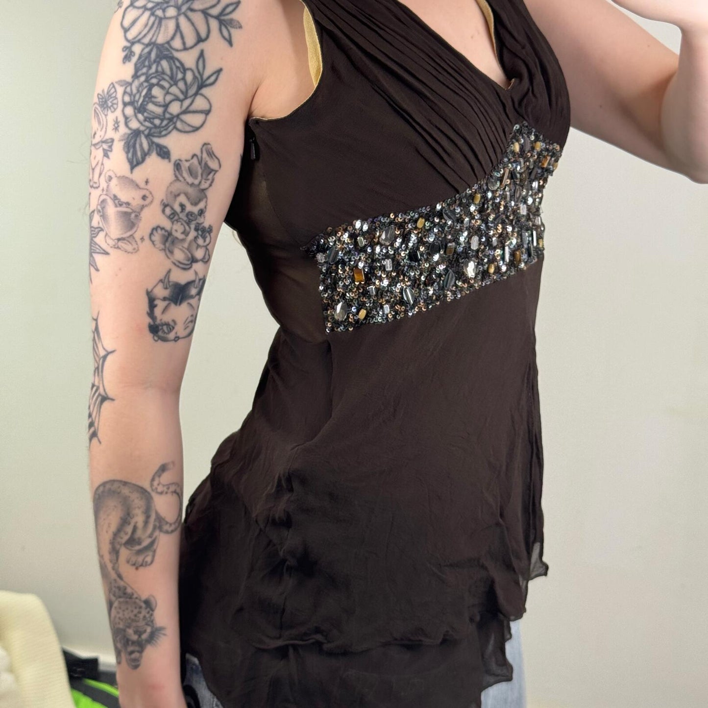 Y2K vintage 100% silk top embellished tank ruched v neck sequin pleated party
