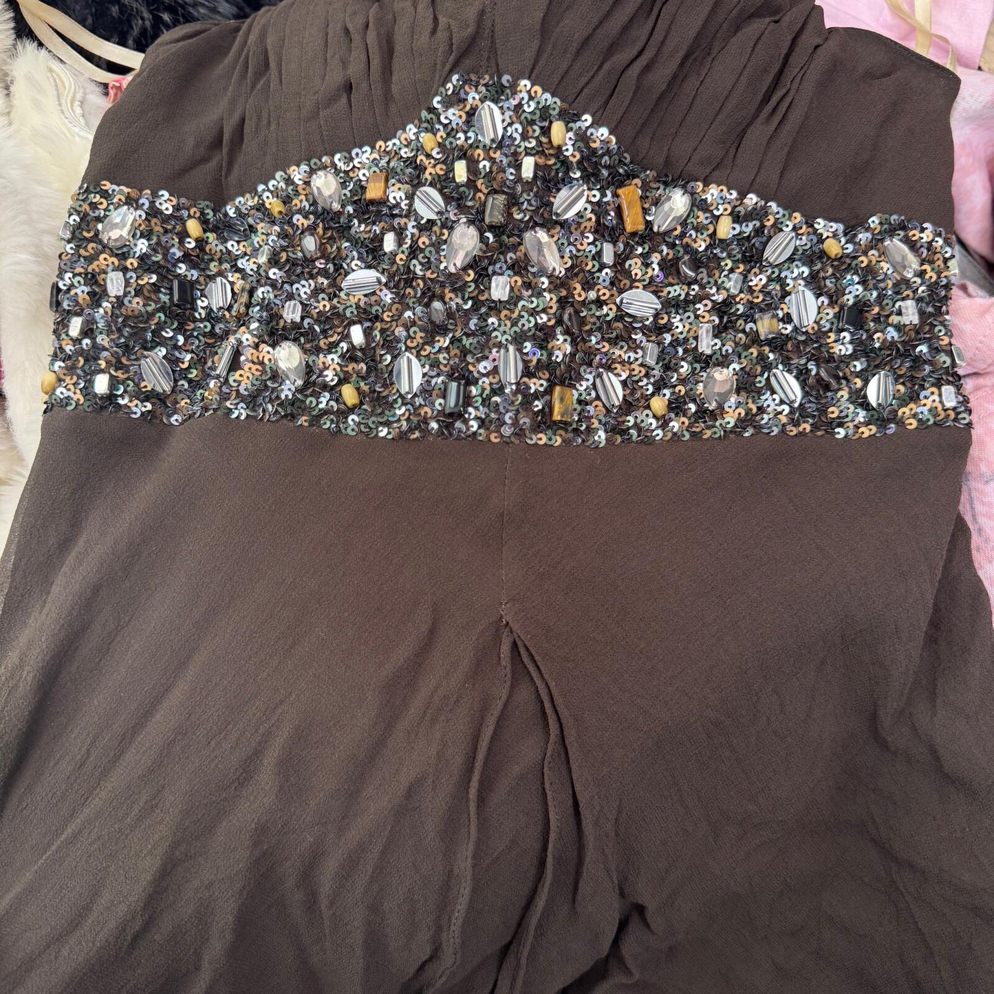 Y2K vintage 100% silk top embellished tank ruched v neck sequin pleated party