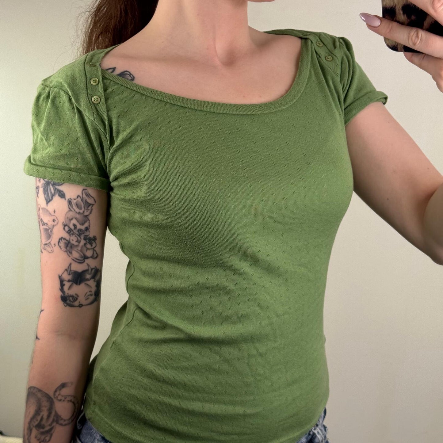 Y2K vintage t-shirt short sleeve top button round neckline thermal style green