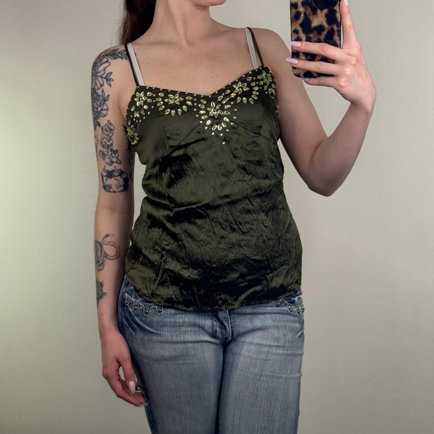 Y2K vintage 100% silk cami top sequin embellished floral strappy button up