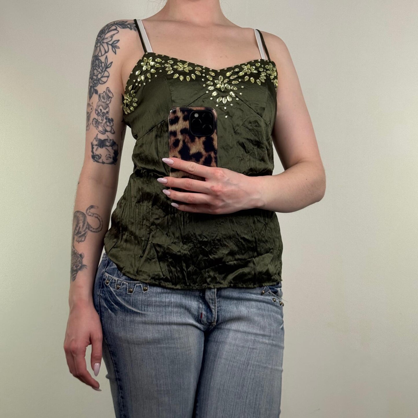 Y2K vintage 100% silk cami top sequin embellished floral strappy button up