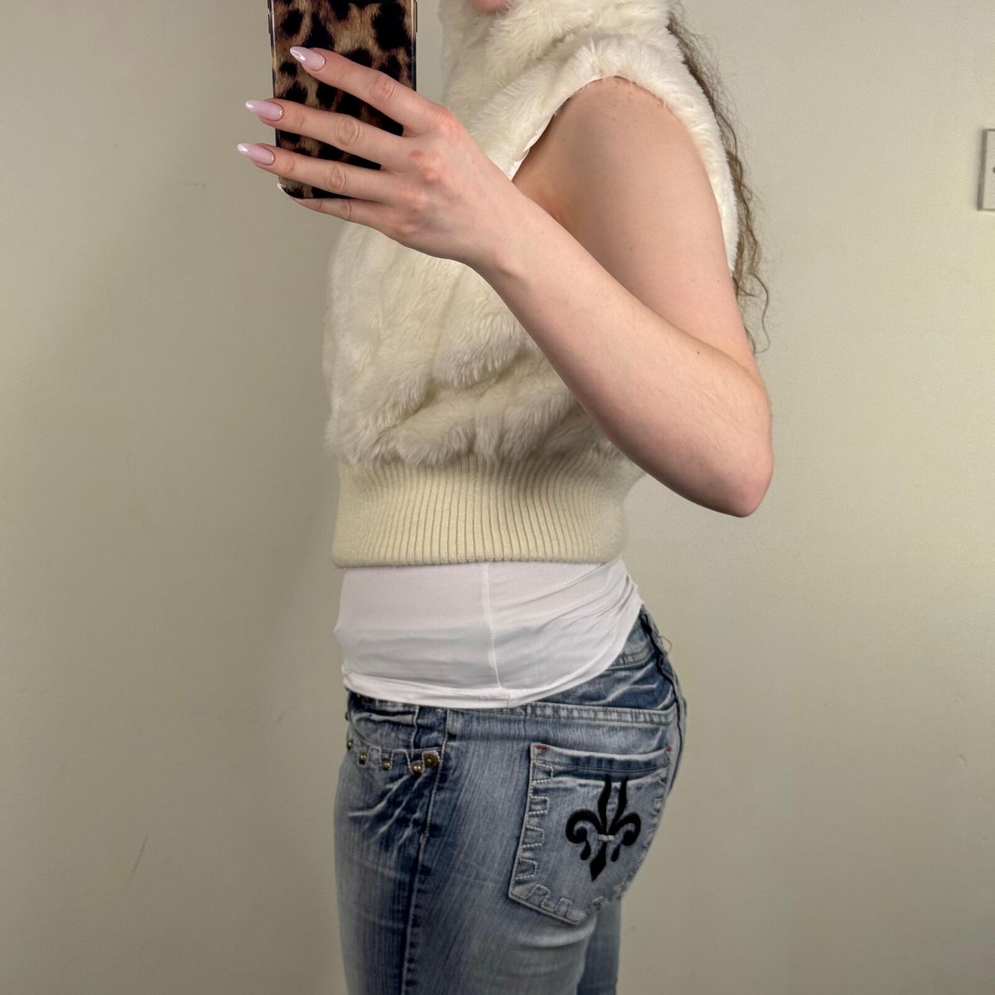 Y2K vintage faux fur gilet cropped high neck full zip up cream crop short