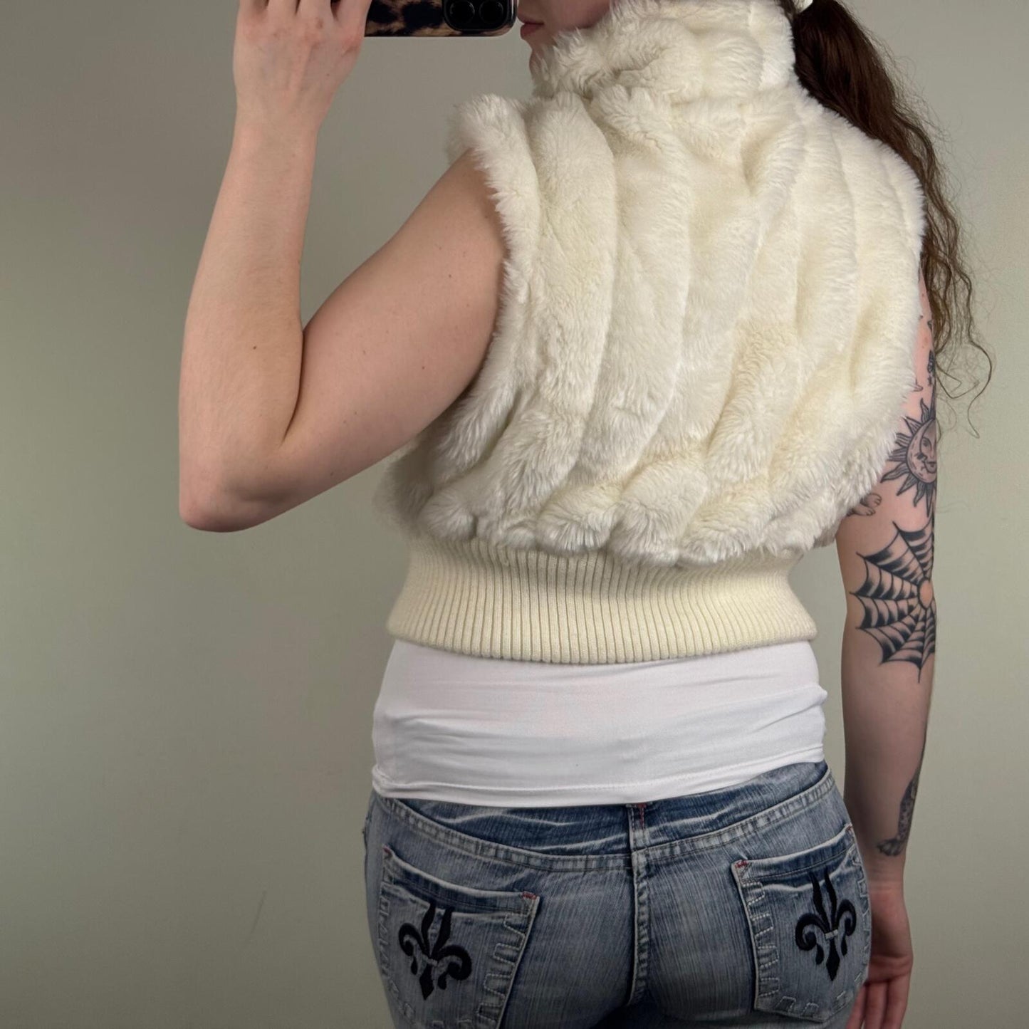Y2K vintage faux fur gilet cropped high neck full zip up cream crop short