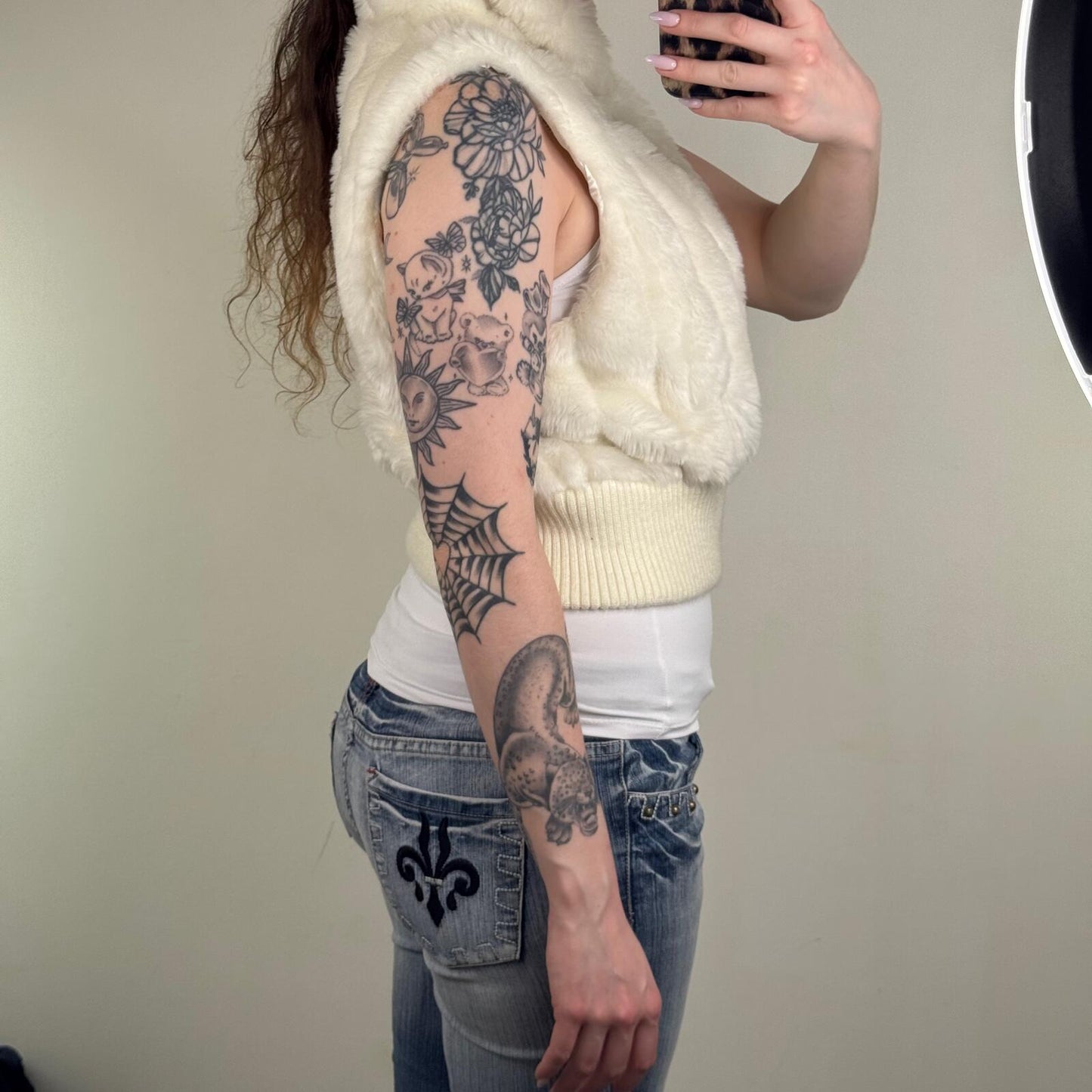 Y2K vintage faux fur gilet cropped high neck full zip up cream crop short