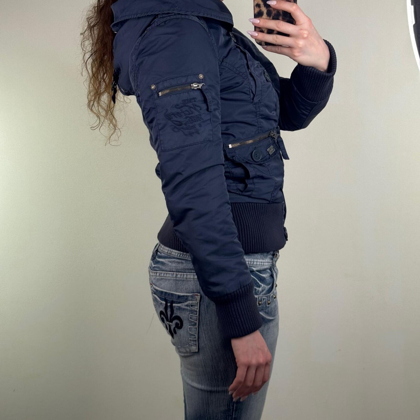 Y2K vintage bomber jacket short length utility zip button up hood cargo pocket