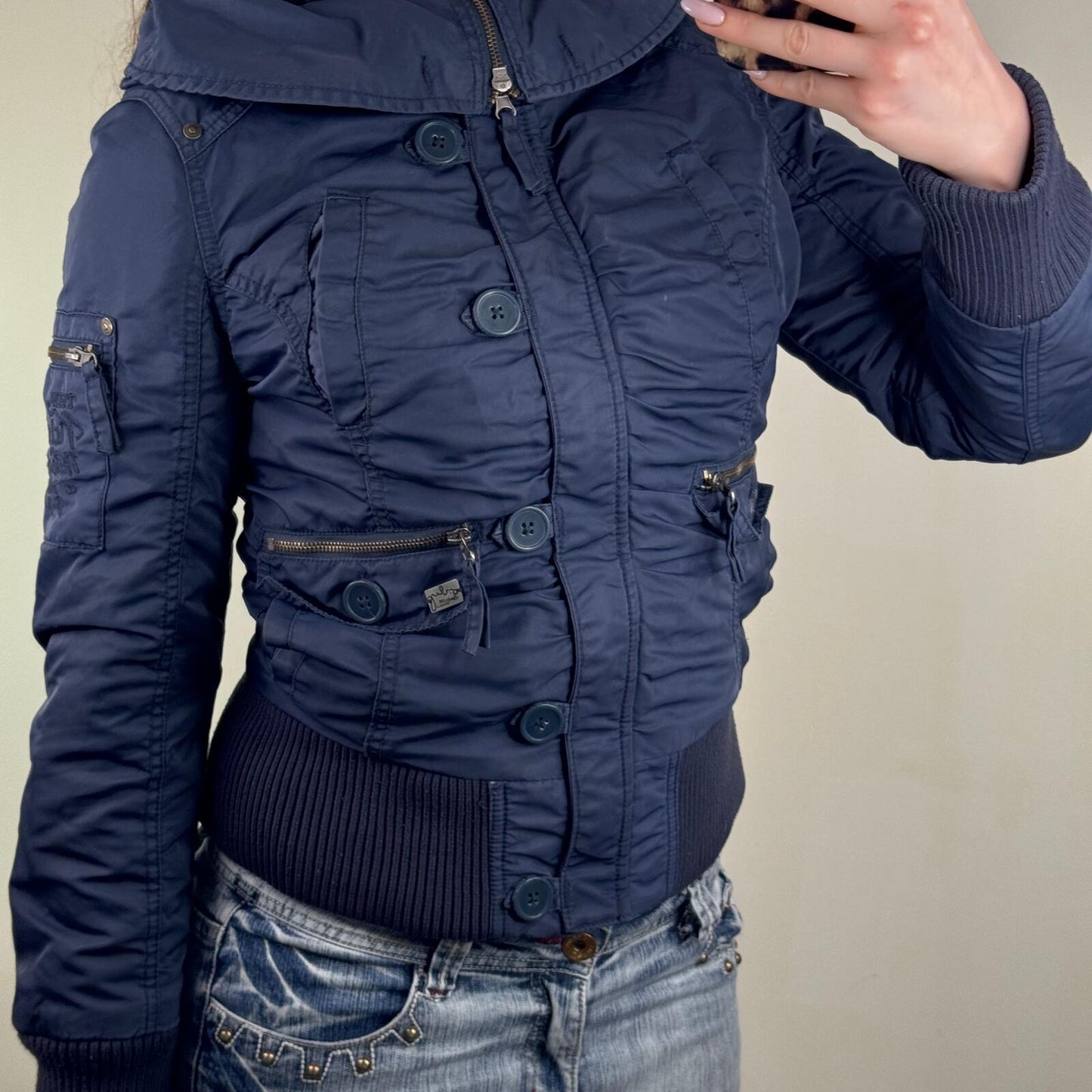 Y2K vintage bomber jacket short length utility zip button up hood cargo pocket